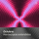 Onda concéntrica en rosa y lila sobre fondo negro, con forma de reloj de arena; en la franja inferior, la misma imagen invertida en blanco y negro.