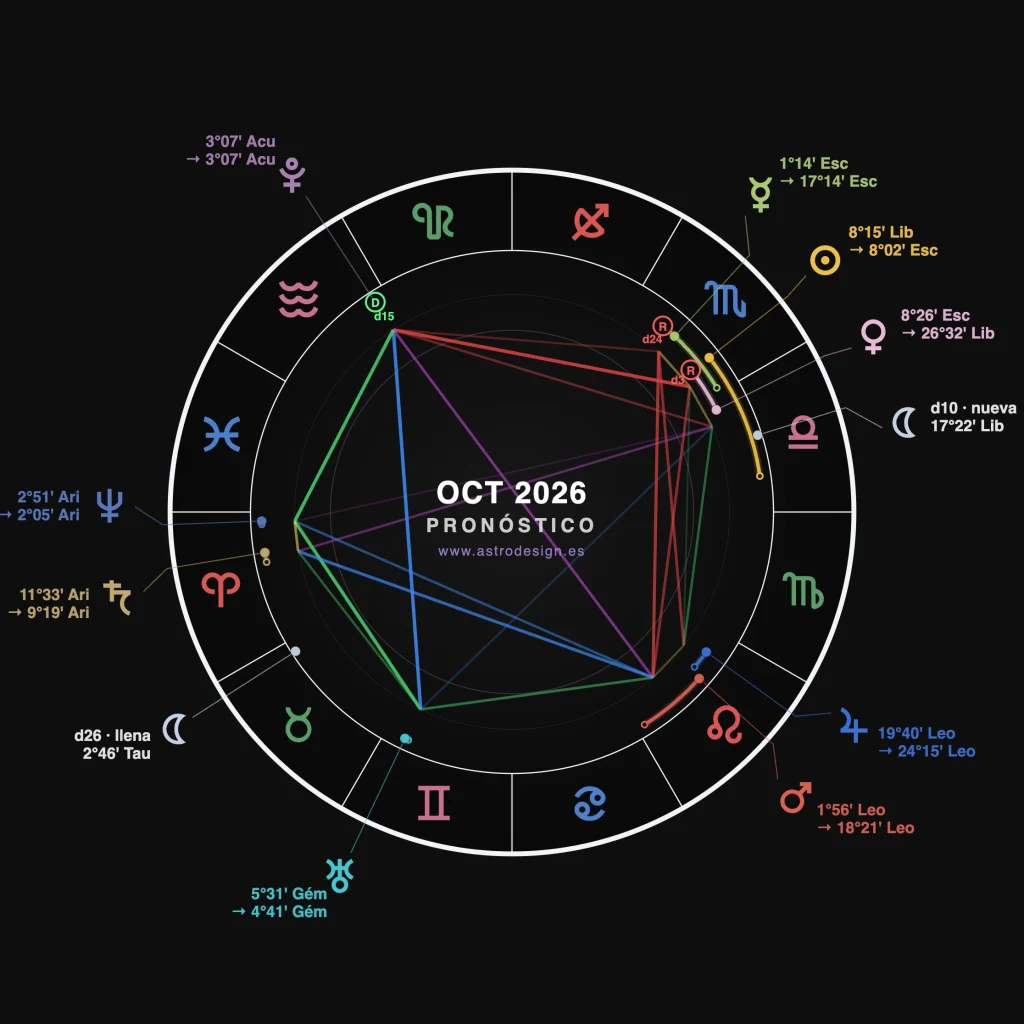 Rueda astrológica del pronóstico mensual de octubre de 2026 en AstroLab, con el recorrido de cada planeta por los signos y las dos lunaciones del mes marcadas.