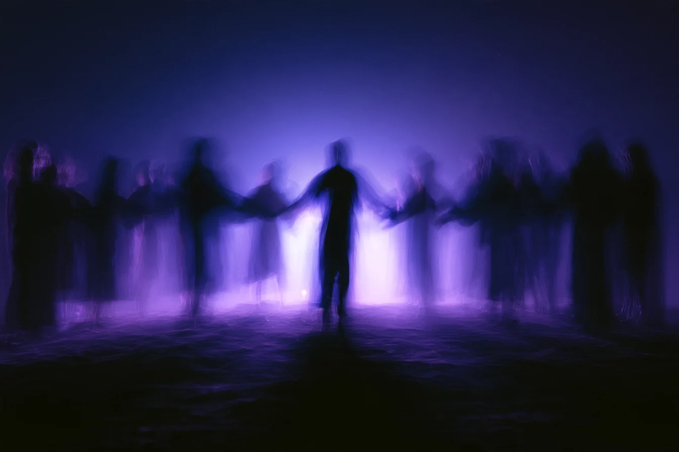 Siluetas de personas dándose la mano en círculo de noche, iluminadas con luz lila fría